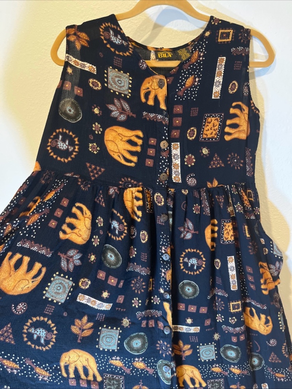 Btg Bila Midi Dress Womens L Boho Hippie Elephants Button Front Sleeveless Baggy - Picture 8 of 12